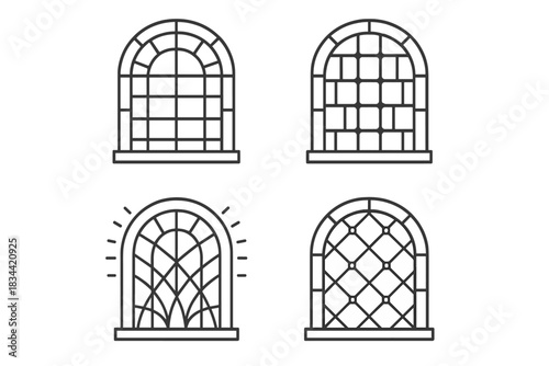 Mosaic Gateway Icons. Line vector icons of a mosaic gateway to comprehension: patterned portal grids, glowing tile outlines,