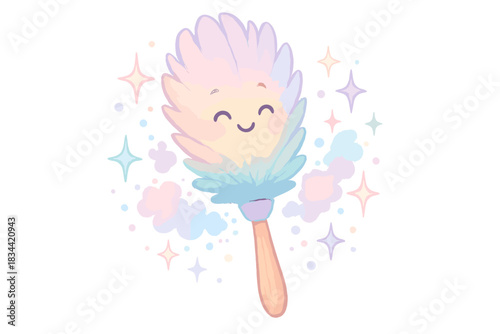 Joyful Feather Duster. A friendly "memory restoration" feather duster with joyful dust sparkles, soft magical pastel tones, No