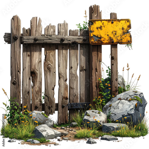 Weathered wooden gate with rusty sign amidst rocks, greenery, and overgrown grass