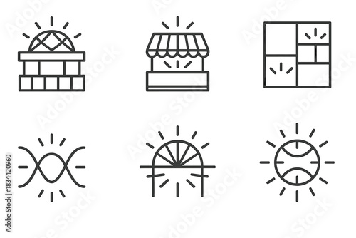 Radiant Destiny Icons. Line vector icons of radiant destiny structures: luminous market nodes, glowing fate stalls, radiant booth