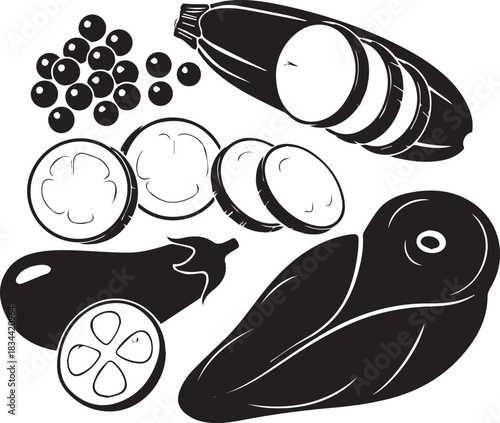 Black and white illustration of sliced eggplant and blueberries