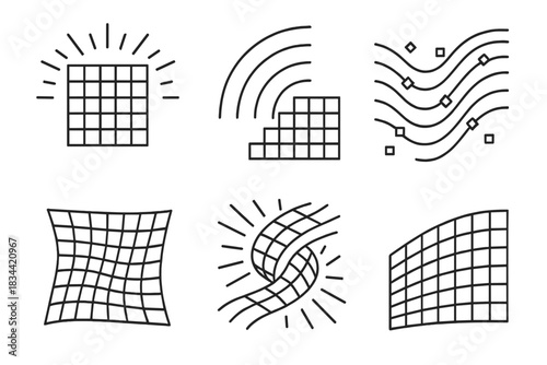 Radiant Mosaic Illusion. Line vector icons of a deceptive mosaic building momentum: radiant tile grids, glowing geometric arcs,