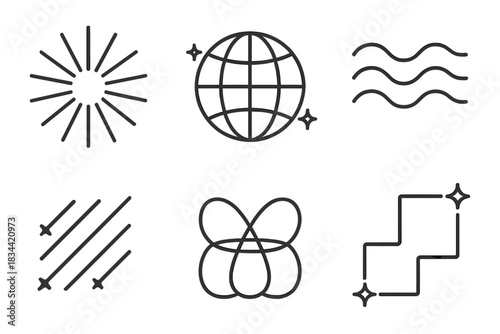 Glowing Visionary Motions. Line vector icons of glowing visionary motions: radiant creative arcs, luminous illusion grids,