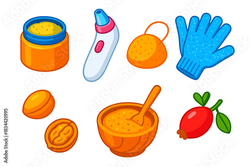 Skincare Essentials Icons. Isometric vector illustration set Skincare routine – facial scrub jar, microderm abrasion device,