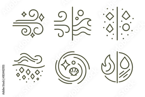 Elemental Wonder Icons. Line style icons of elemental boundary of wonders: gust patterns intersecting rare symbols, air and water