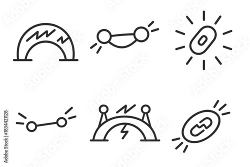 Energetic Bridge Icons. Line style icons of a lively bridge that sparks action: arching pathway with electric lines, animated