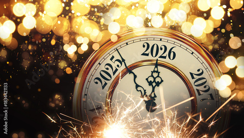 New Year 2026 midnight countdown on a vintage clock face with sparklers and golden bokeh background. Celebration, luxury, and festive concept.