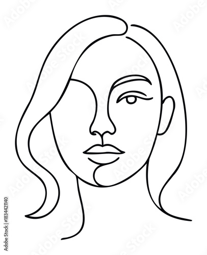 A single line stroke defines a womans elegant profile and flowing hair, ideal for branding, logos, and sophisticated graphic use.