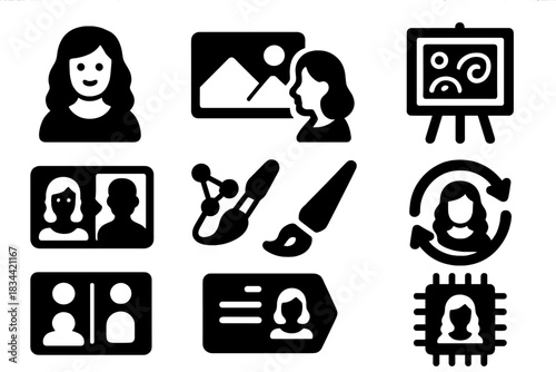 Deepfake AI Icons. Solid style icons of deepfake and AI-generated art: synthetic portrait icon, deepfake gallery badge,