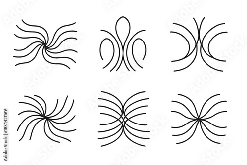 Harmonious Line Convergence. Line style icons of convergent gentle motion: rhythmic lines folding into center, soothing arcs