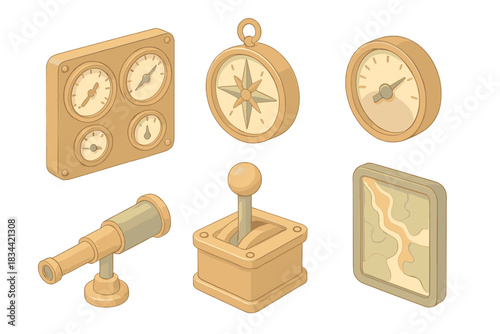 Steampunk Flight Dashboard. Isometric vector illustration set of steampunk flight dashboard: brass gauge panel, compass rose dial,