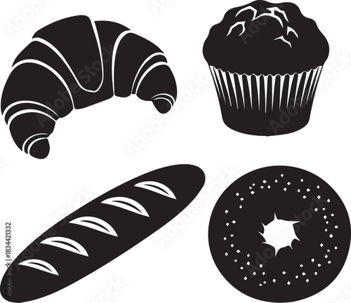 Black silhouette icons of croissant muffin baguette and donut