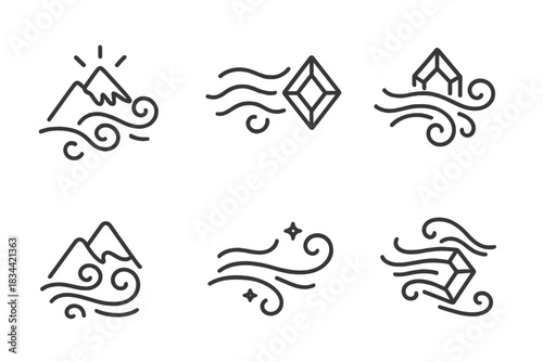 Prismatic Mountain Breeze Icons. Icons for: luminous mountain wind prisms, refracted airflow symbols, clear gem-like gusts,