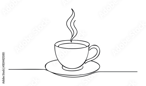 Minimalist line art of hot coffee in a cup with steam rising, suitable for drink branding, cafe decor, or morning beverage themes.