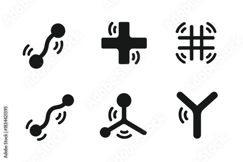 Dynamic Navigation Icons. Solid style icons of dynamic navigation: vibrating path node, oscillating road cross, shifting travel