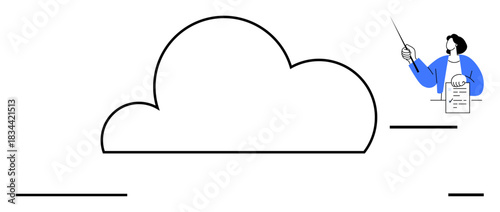 Person holding a document and pointing with a stick beside a large cloud. Ideal for data storage, cloud computing, education, presentations, online learning, networking, technology. Simple flat
