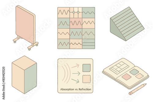 Architectural Acoustic Panel Designs. Isometric vector illustration set Architectural acoustic panel design: freestanding movable