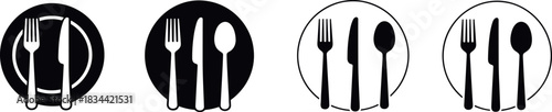 Collection of flat icons representing cutlery, plates, and dining settings, perfect for restaurants