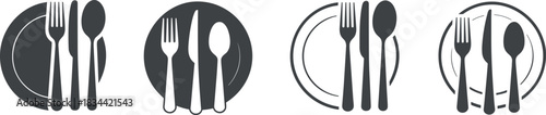 Collection of four graphic icons depicting place settings with fork, knife, and spoon on plates.
