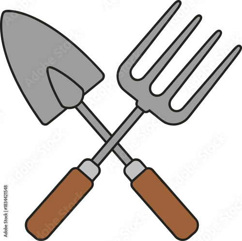 Illustration of crossed gardening tools, a spade and a pitchfork, on a light background for horticulture
