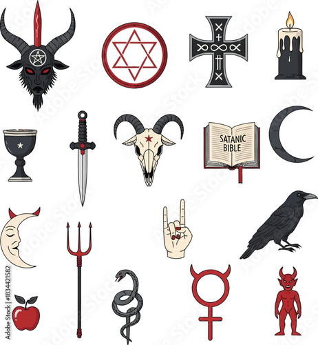 Collection of scary satanic and occultism symbols with baphomet pentagram and ritual items for dark black magic witchcraft and evil halloween religion design sets.