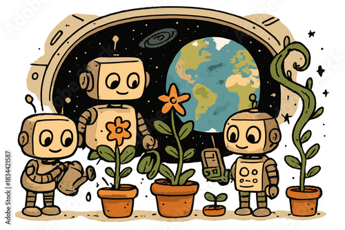 Robots Tending Space Plants. Fun doodle illustration of cute robots watering and measuring space plants aboard a cozy station