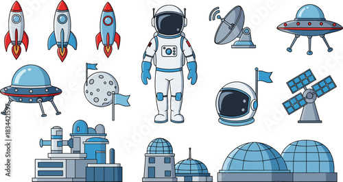 Astronomy and Space Exploration Vector Icons Set Featuring Astronaut, Rocket Ships, Flying Saucers, Satellite Dish, Lunar Base, Moon Surface Flag, and Futuristic Observatory Buildings.