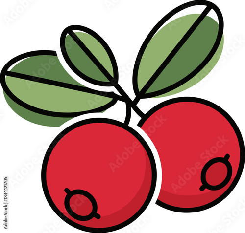 Illustration of cranberries with green leaves on a light background representing natural fruit