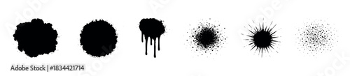 Set of diverse black ink abstract shapes including splatters, drips, and granular textures. Ideal for grunge and distressed graphic applications.