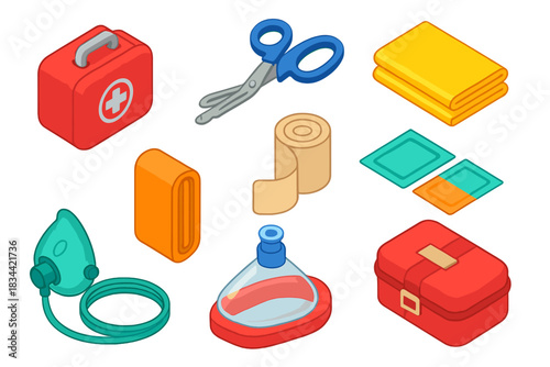 Underwater Rescue Gear. Isometric vector illustration set Underwater diving gear – first aid kit, trauma shears, emergency blanket