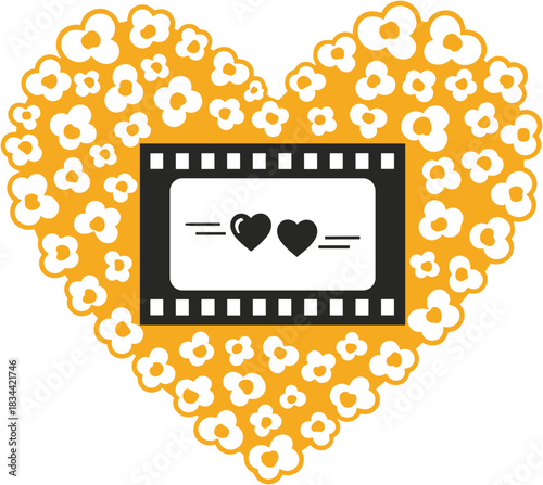 Illustration of a heart made of flowers with a film strip and love hearts in the center, symbolizing love and romance
