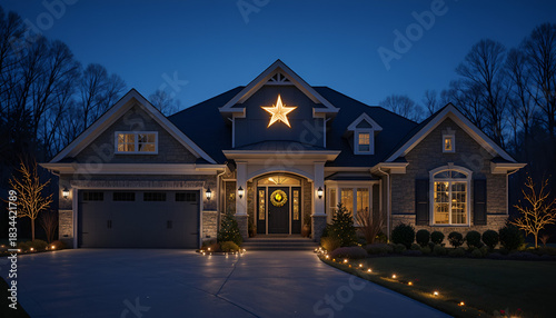 Beautiful home decorated with christmas lights and a star at night during the holiday season