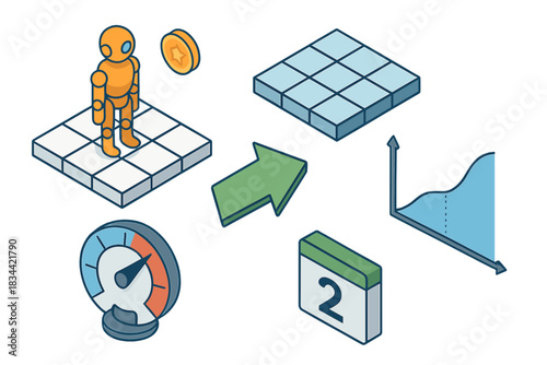 Robotics AI Isometric Icons. Isometric vector illustration set Robotics and AI – Reinforcement learning: agent icon, environment