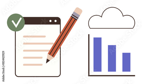 Checklist with a checkmark, pencil, cloud storage icon, and bar graph representing productivity, planning, organization, data analysis, cloud storage digital tools seamless workflows. A simple flat