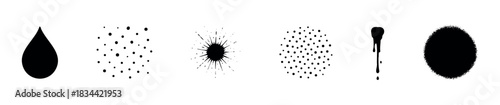 Set of black ink abstract shapes including a drop, dots, splatter, and drips, suitable for graphic backgrounds and surface decoration.