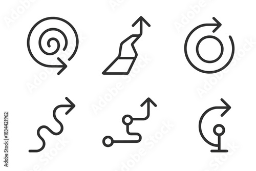 Futuristic Arrow Paths. Line vector icons of visionary travel redirections: futuristic arrow spirals, forward-shifting pathways,