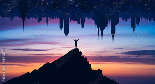 Man on Mountain Peak with Upside Down Cityscape at Sunset.