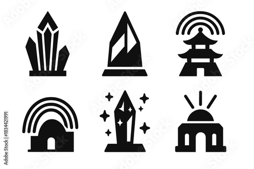 Refractive Architectural Icons. Solid style icons of refractive architecture: crystalline spire, prism tower, spectral pagoda,
