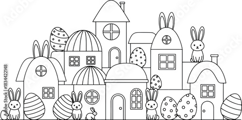 Easter Village Coloring Page Cute Bunnies
