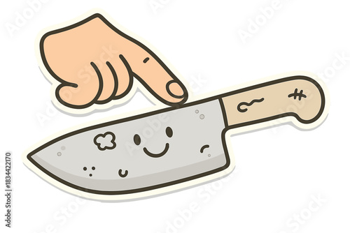 Whimsical Blade Glide. A finger gliding along a smiling blade with tiny cartoon imperfections highlighted, soft rounded forms,