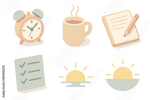 Daily Reset Icons. Isometric vector illustration set Daily reset icons: wake-up alarm, warm beverage mug, writing notebook,
