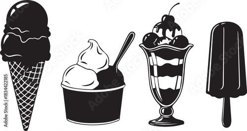 Collection of hand drawn ice cream desserts in black and white