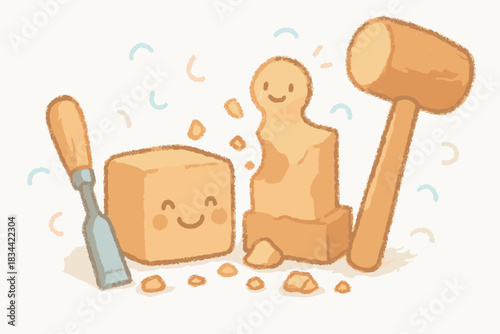 Mini Sculpting Delight. A miniature sculpting scene with cheerful clay block, chisel, and mallet, soft pastel doodle style, No