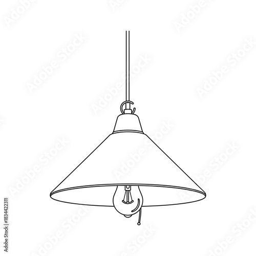 Black line drawing of a vintage pendant light fixture with exposed bulb lamp hanging