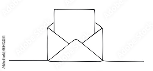 An open envelope with a letter peeking out, presented as a simple line drawing. Useful for concepts of mail, messages, or communication.