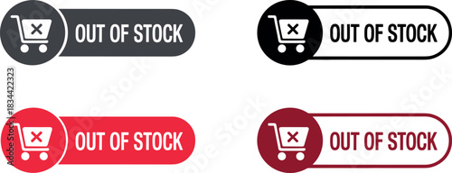 Four distinct 'out of stock' notification buttons with shopping cart icons, isolated.