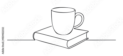 A minimalist line drawing depicts a coffee mug resting on a book, conveying themes of study and leisure for various media applications.