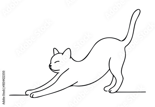 Minimalist line art of a cat stretching, ideal for use in petrelated promotions, websites, and casual graphic applications.