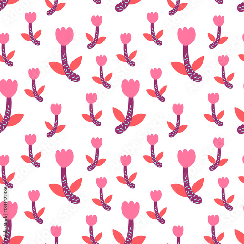 Whimsical pink flowers seamless pattern