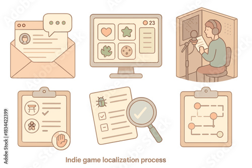 Game Localization Process. Isometric vector illustration set Indie game localization process: email with translator feedback, game